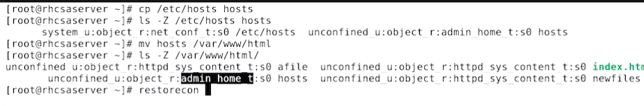 Démonstration shell : après mv vers /var/www/html, le fichier hosts garde son contexte admin_home_t au lieu de httpd_sys_content_t, d'où le besoin de restorecon